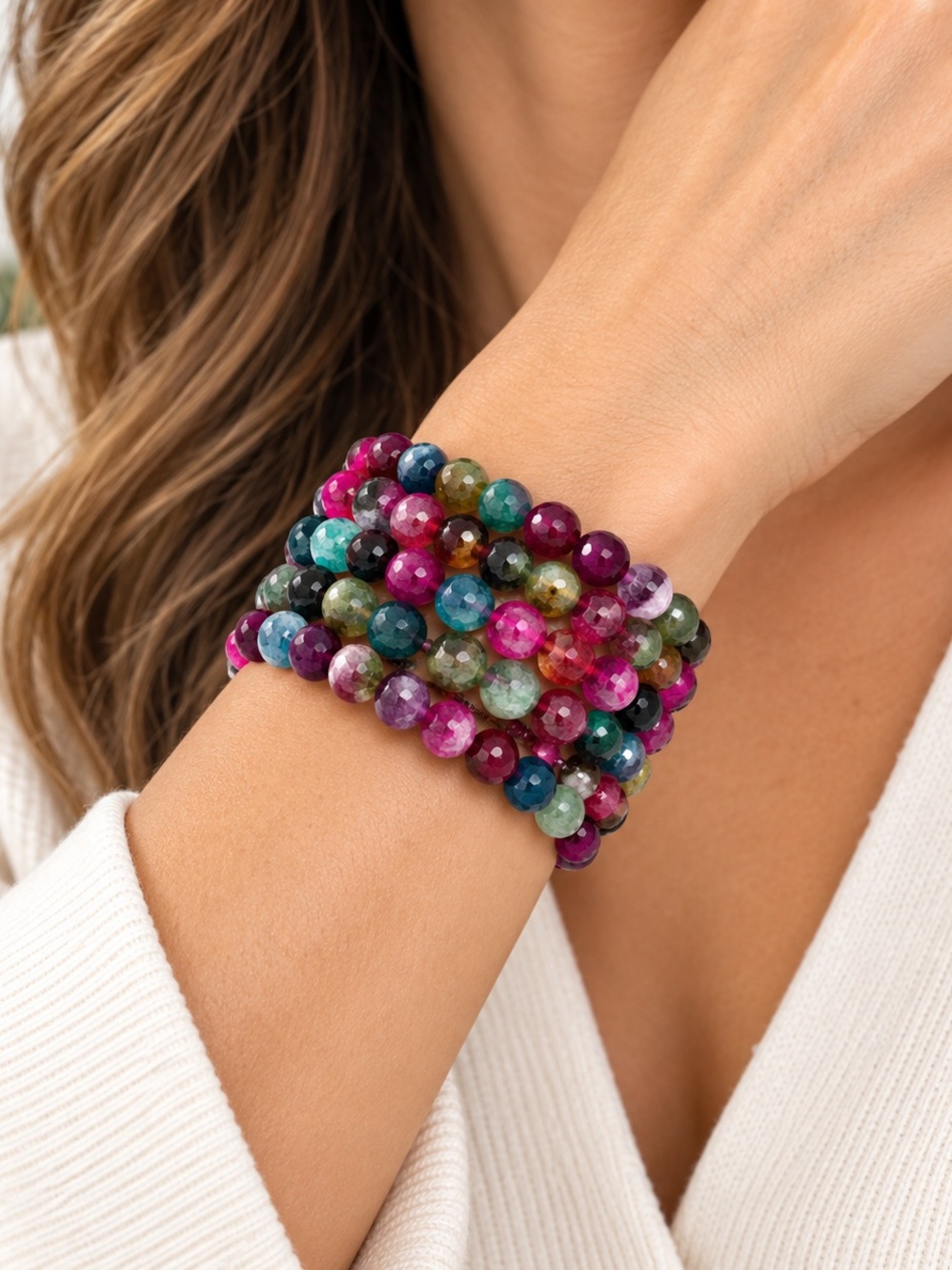 Savvy Cie Faceted Multicolor Agate Memory Wire Coil Wrap Bracelet